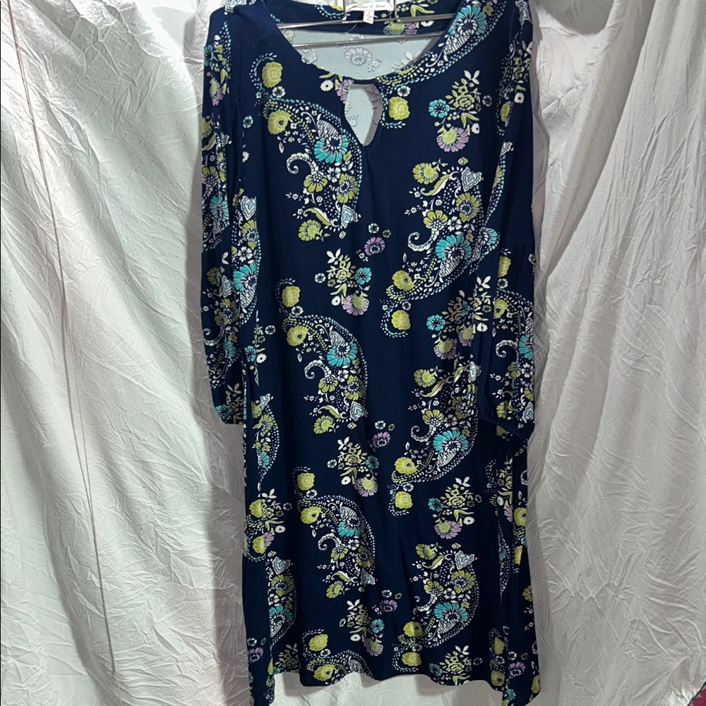 Navy Floral Paisley Dress with Keyhole Neckline